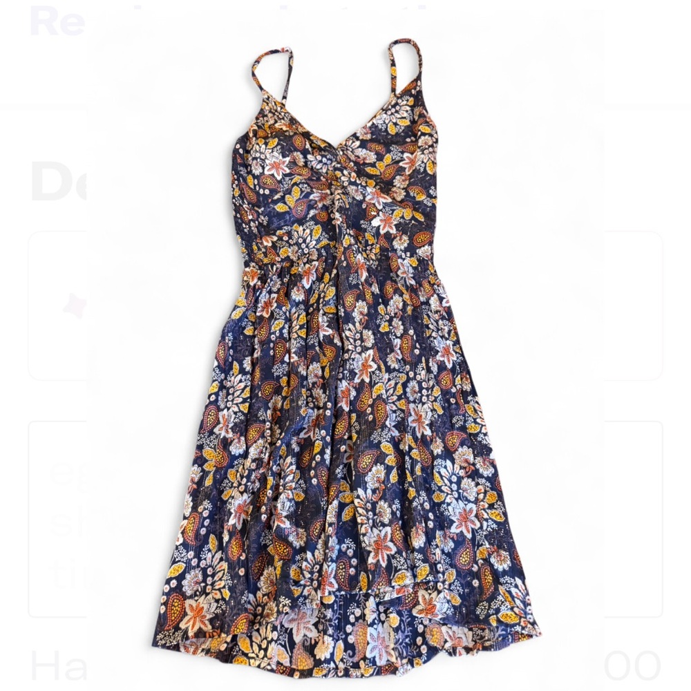 Angie Dark Blue w/Brown, White & Yelliw Floral Print Short, Sleeveless Dress.